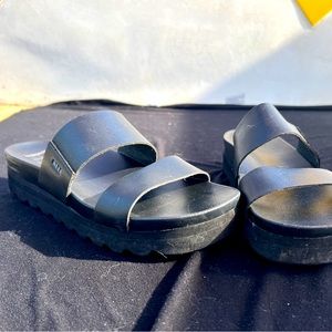 Black leather slide platforms slip on sandals